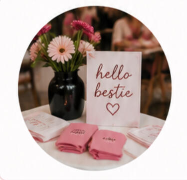 Horizontal gallery showcase displaying seven mobile phone app screenshots of the Hello Bestie community platform interface